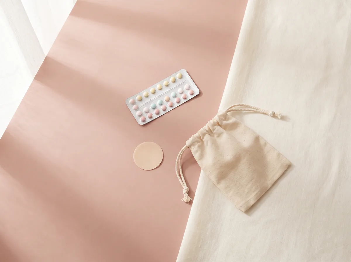 Flat-lay of a birth control pill pack, patch, and travel pouch