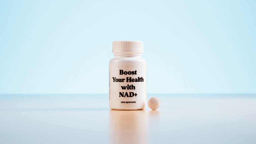 A supplement bottle containing NAD+ tablets stands centered on a clean white surface. The white plastic bottle displays text reading "Boost Your Health with NAD+" in bold black letters. A single white tablet rests next to the bottle. The bottle casts a soft shadow on the reflective surface, while a pale blue gradient forms the background, creating depth and visual interest. Product photography with soft, diffused lighting and shallow depth of field against a gradient background.