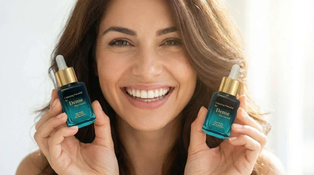 Smiling woman holding two bottles of DENSE Hair Growth Serum